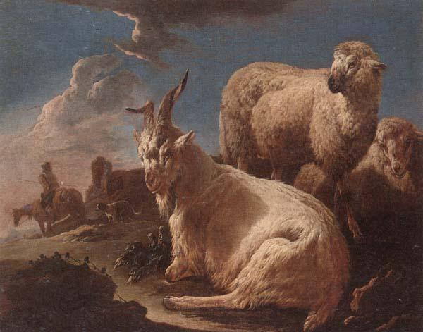 unknow artist An evening landscape with goat and sheep resting in the foreground,a herdsman beyond oil painting image